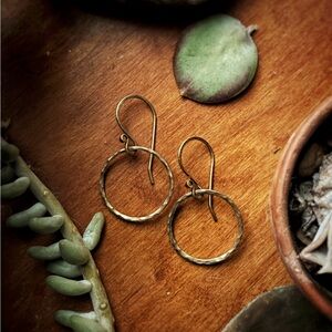 Handmade Hammered Brass New Moon Hoop Earrings